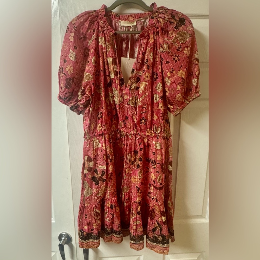 Ulla Johnson Sanna Pink Dress Fit Flare Floral Puff Sleeves Tie Neck Size 14